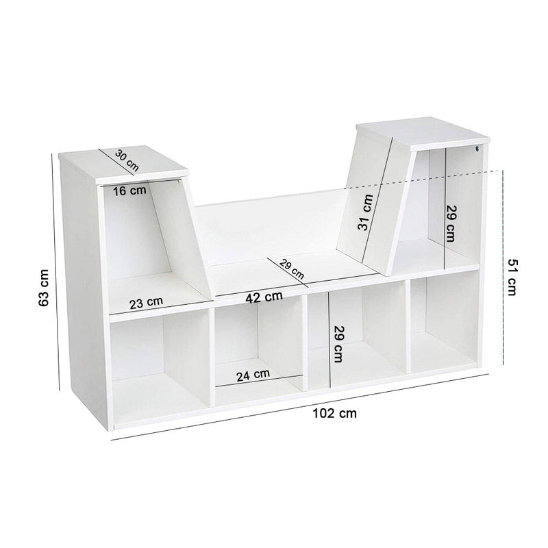 Storage shelf with seat and cushion
